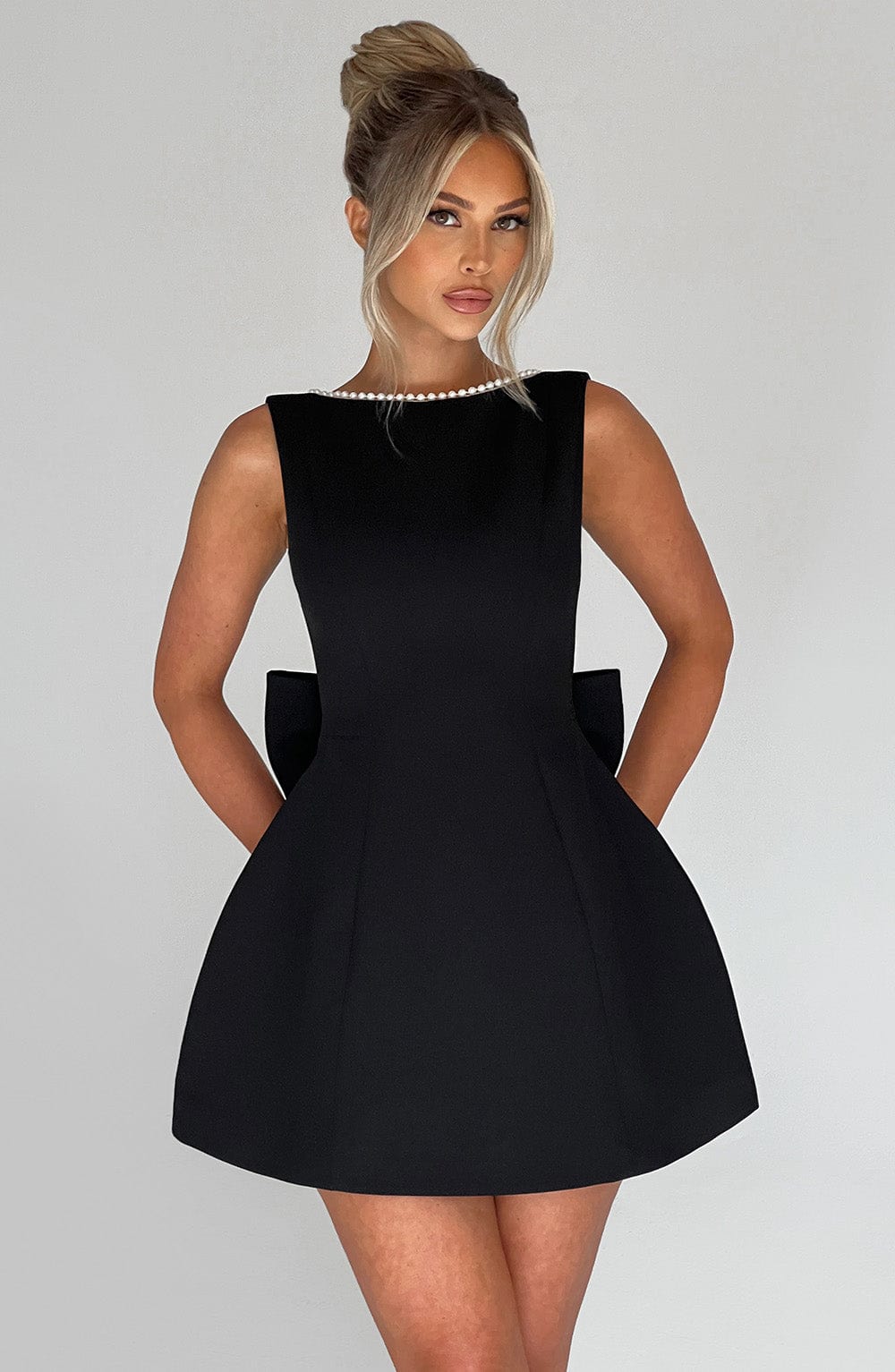 Elunara | Women's Pearl Trim Bow Back Structured Mini Dress