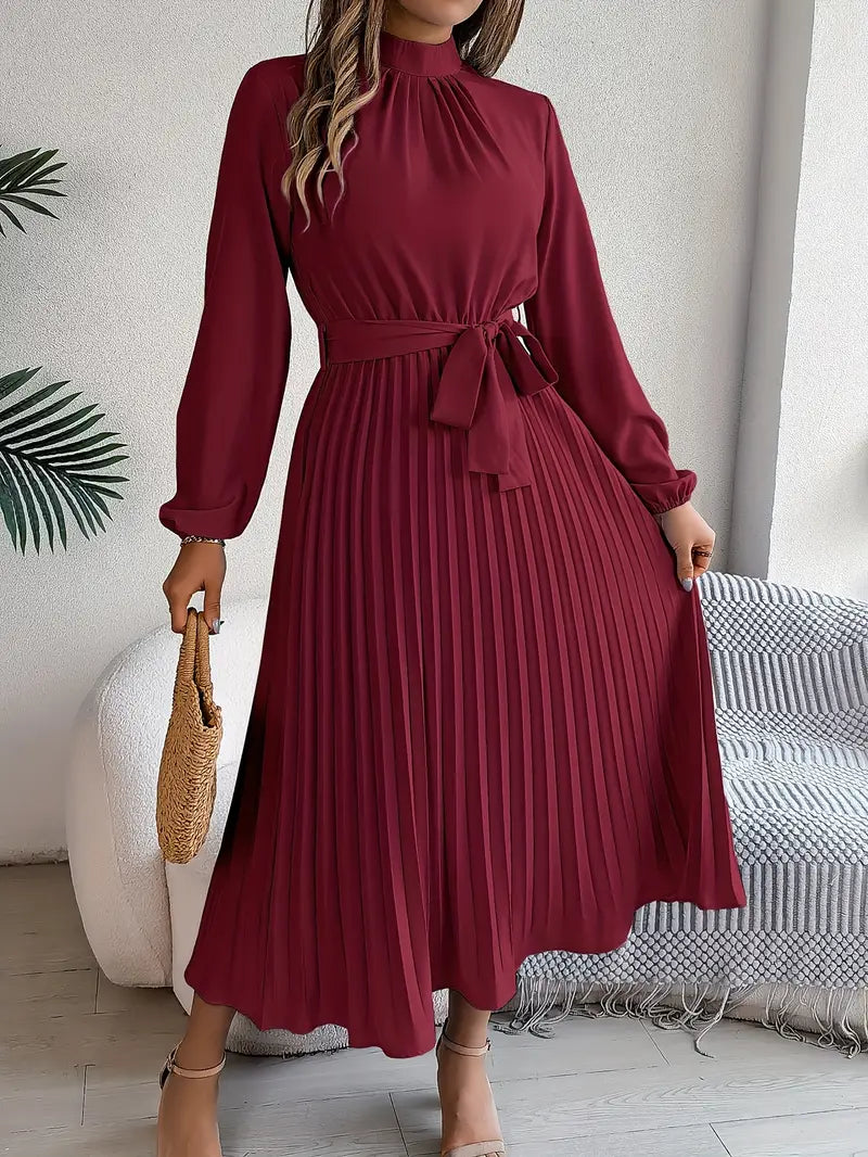 Nolira | Women's Pleated Belted Long Sleeve Midi Dress