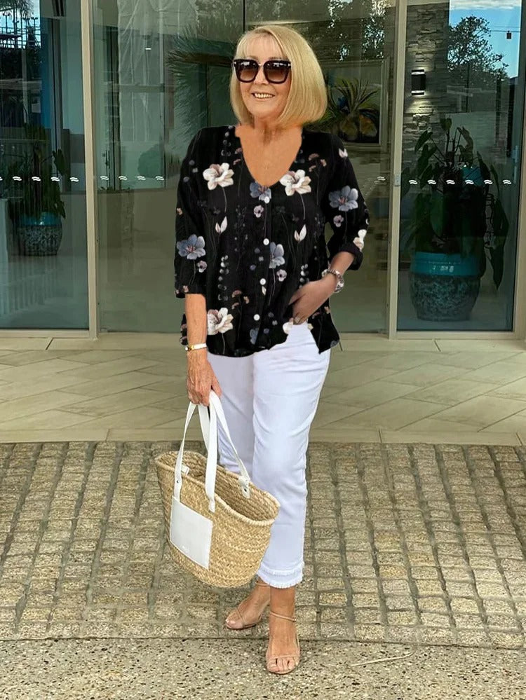 Nyxen | Women's Floral V-Neck Button Blouse