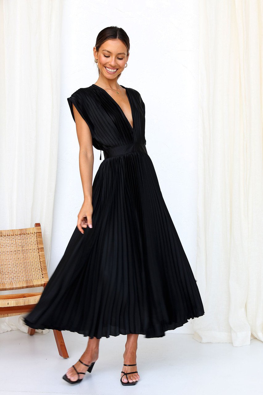Eulalia | Women's Elegant V-Neck Pleated Midi Dress