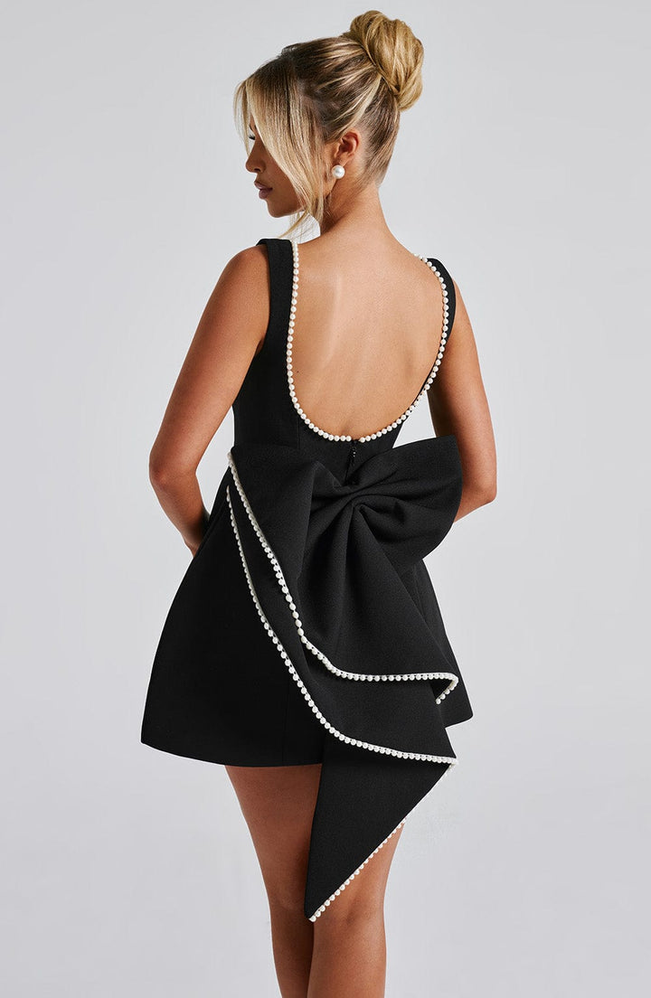 Elunara | Women's Pearl Trim Bow Back Structured Mini Dress