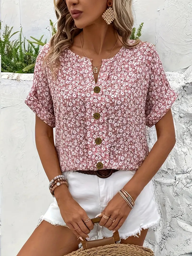 Clover | Women's Chic Floral Button-Front Blouse