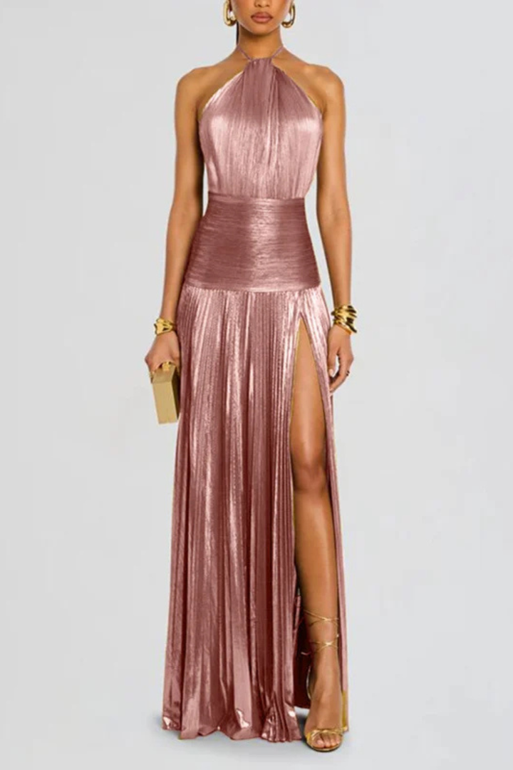 Jacinda | Women's Halter Neck Pleated Maxi Dress