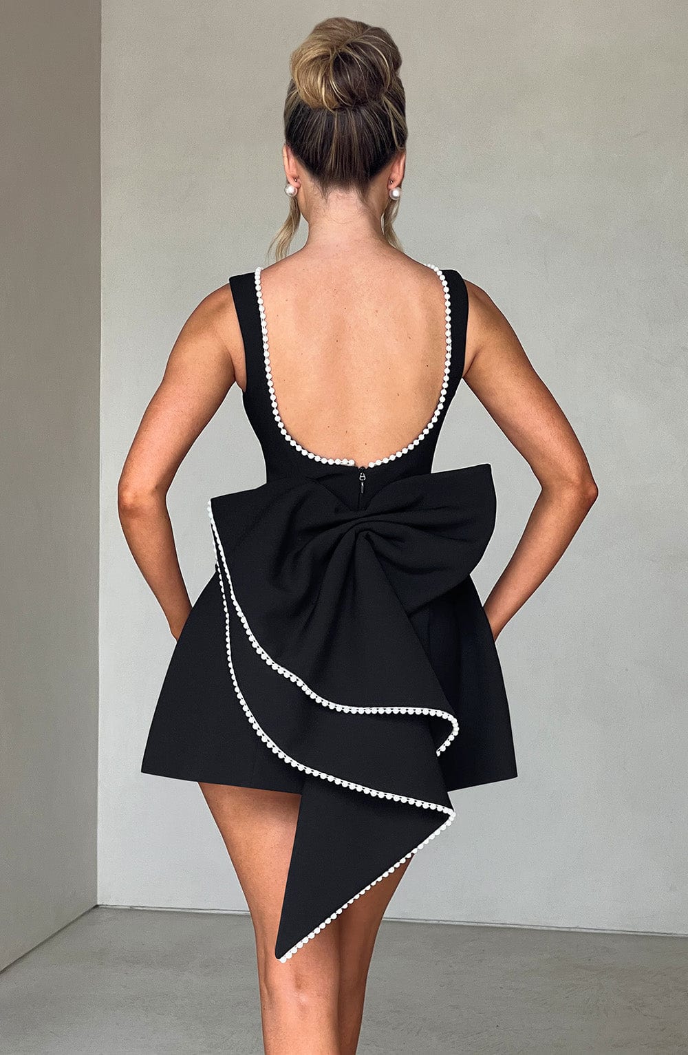 Elunara | Women's Pearl Trim Bow Back Structured Mini Dress