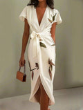 Morvella | Women's Leaf Print Bow Tie Wrap Midi Dress