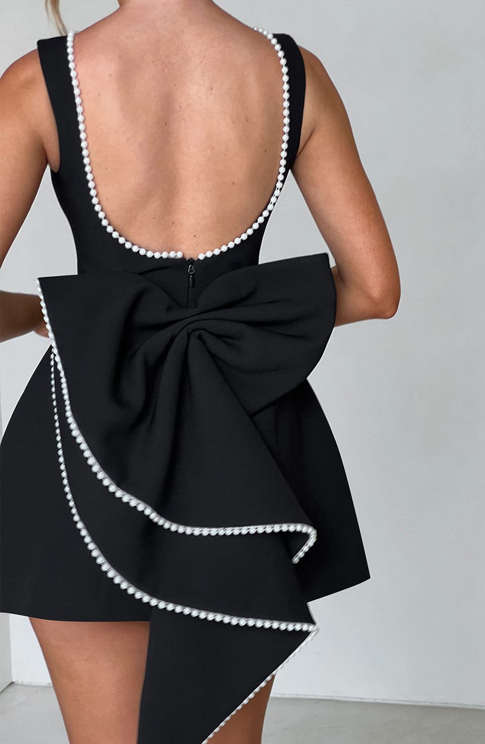 Elunara | Women's Pearl Trim Bow Back Structured Mini Dress