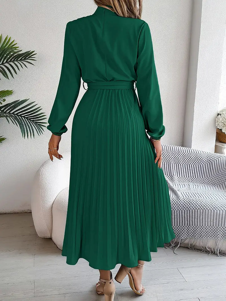 Nolira | Women's Pleated Belted Long Sleeve Midi Dress