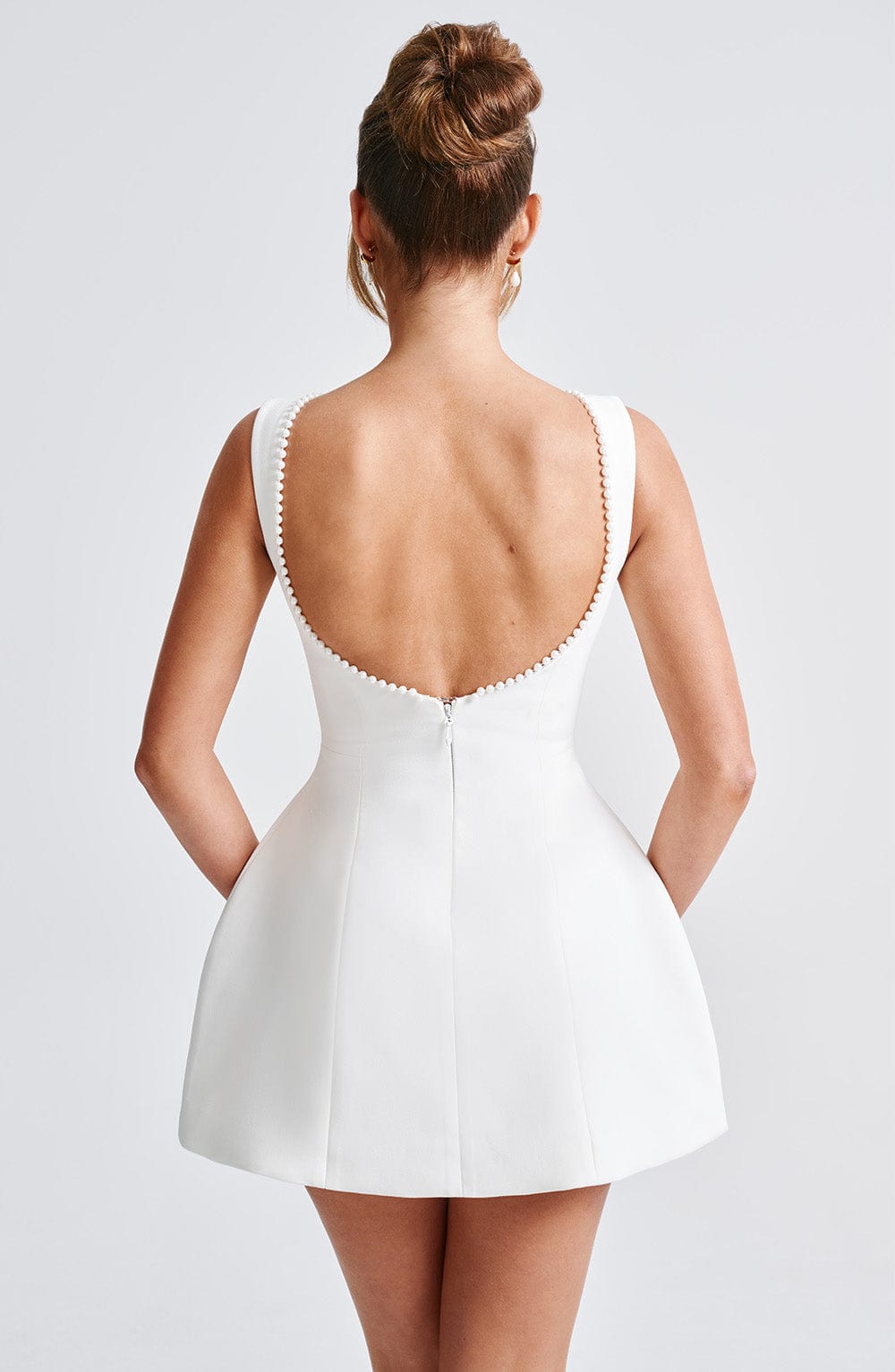 Elunara | Women's Pearl Trim Bow Back Structured Mini Dress