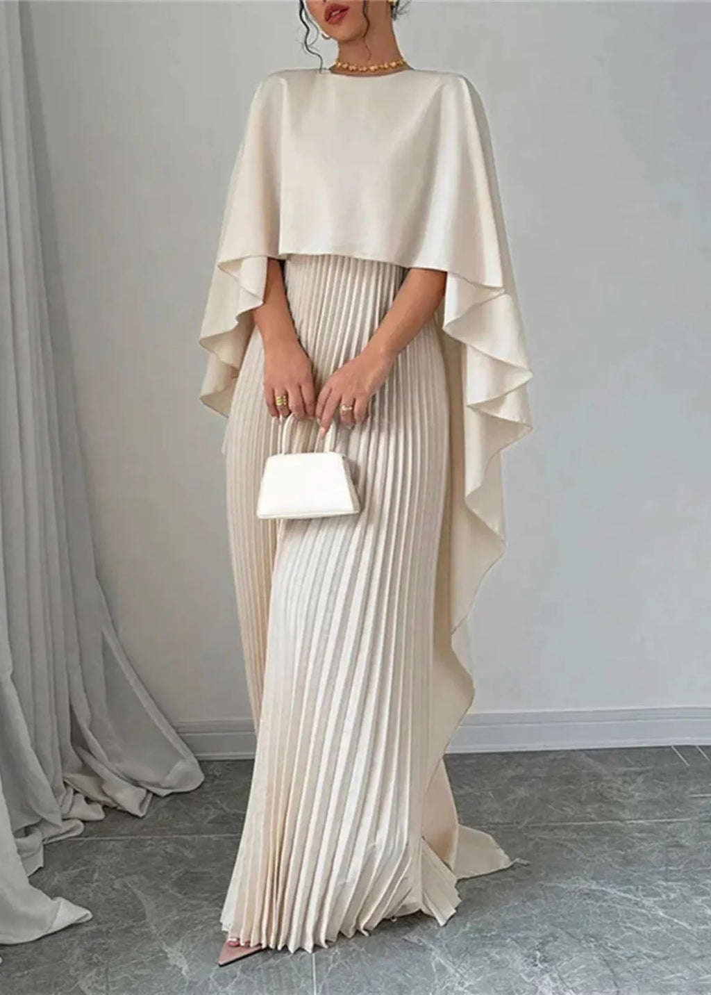 Virelleth | Women's Draped Cape Pleated Maxi Wedding Guest Dress