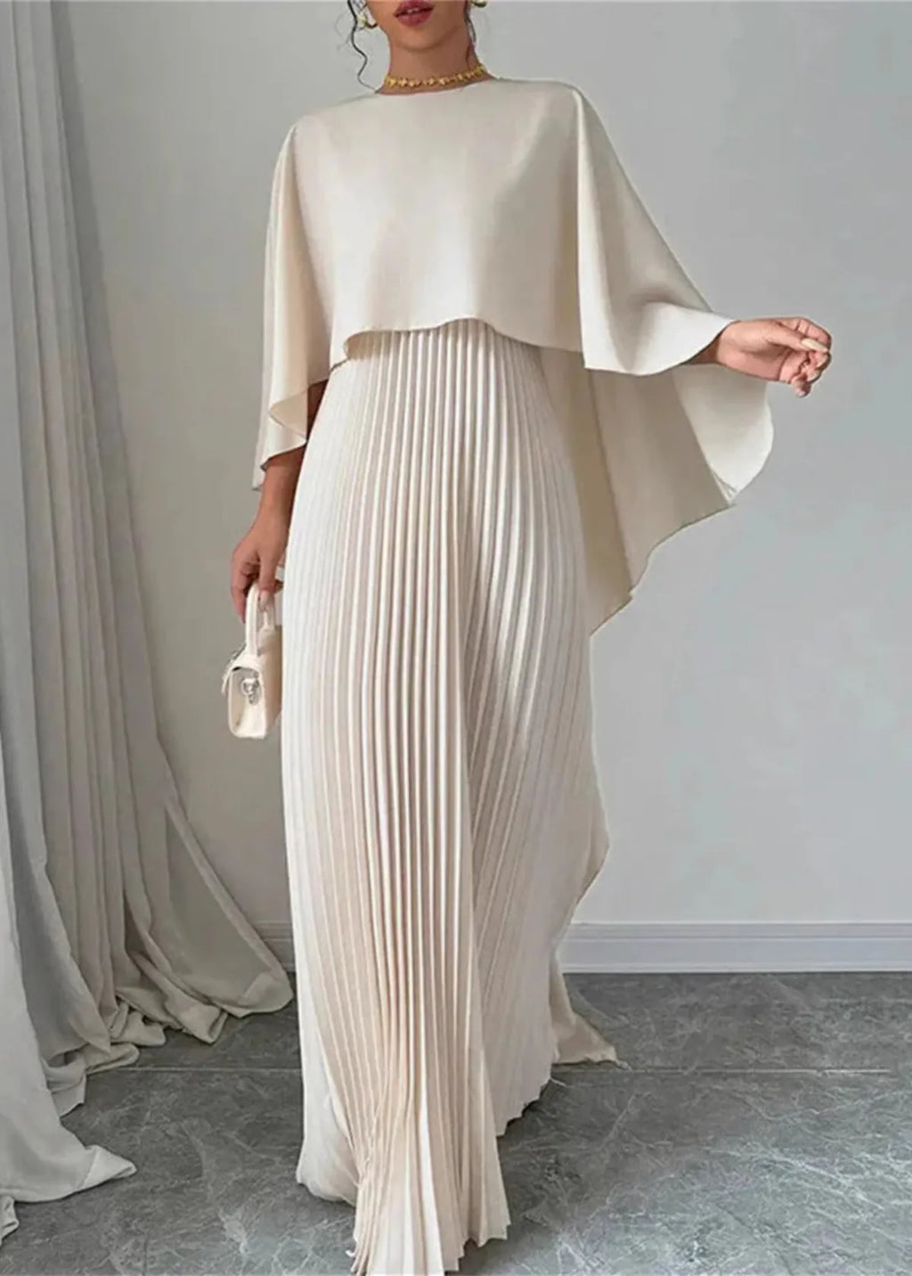 Virelleth | Women's Draped Cape Pleated Maxi Wedding Guest Dress