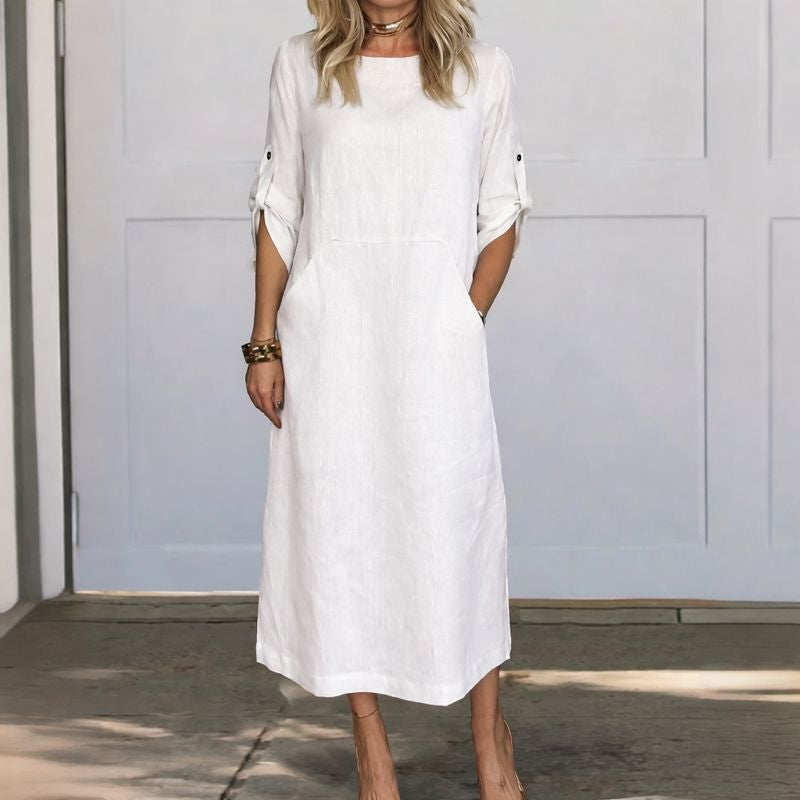Lilavati | Women's Casual Roll-Tab Sleeve Pocket Midi Dress
