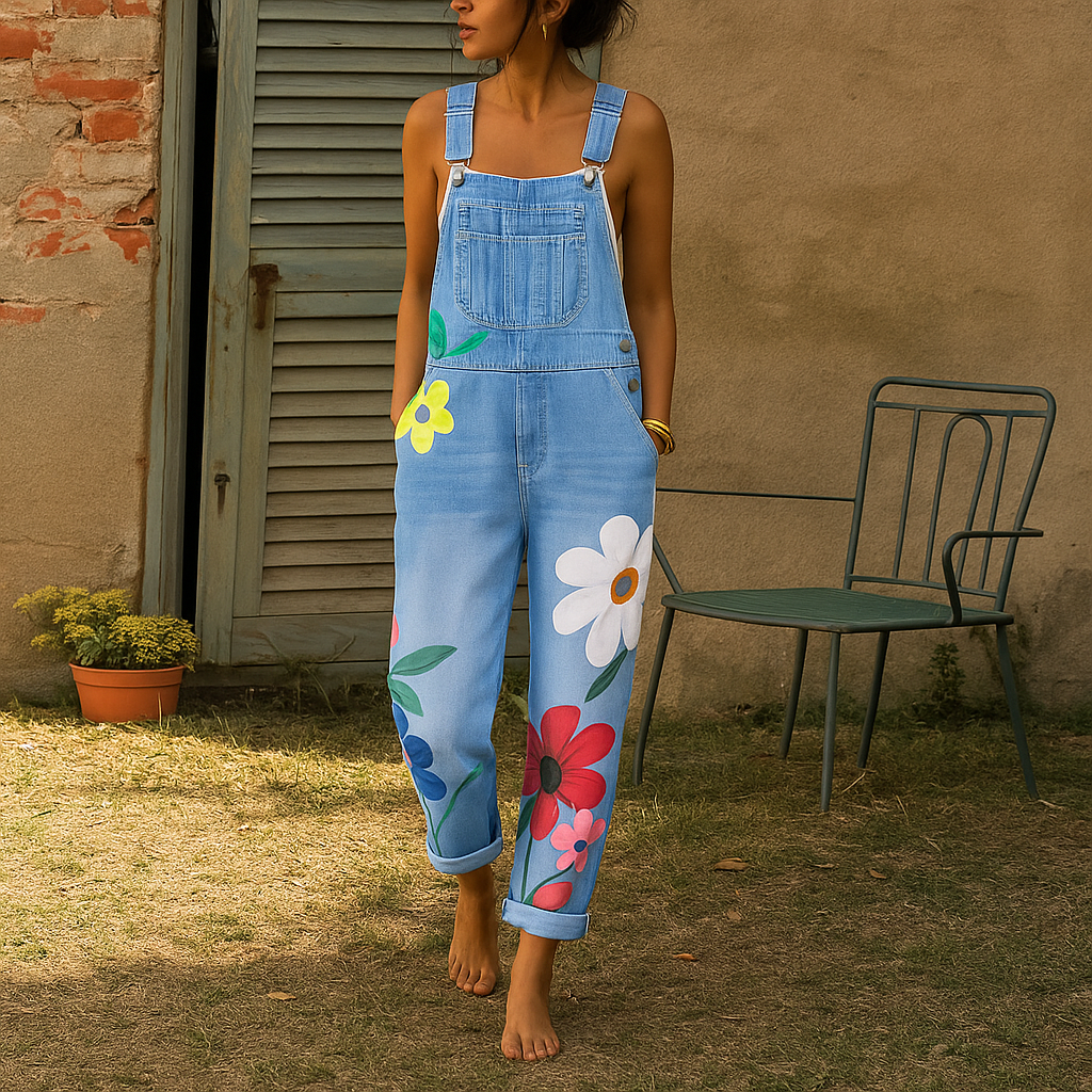 Isyra  | Women's Floral Print Strap Denim Dungarees