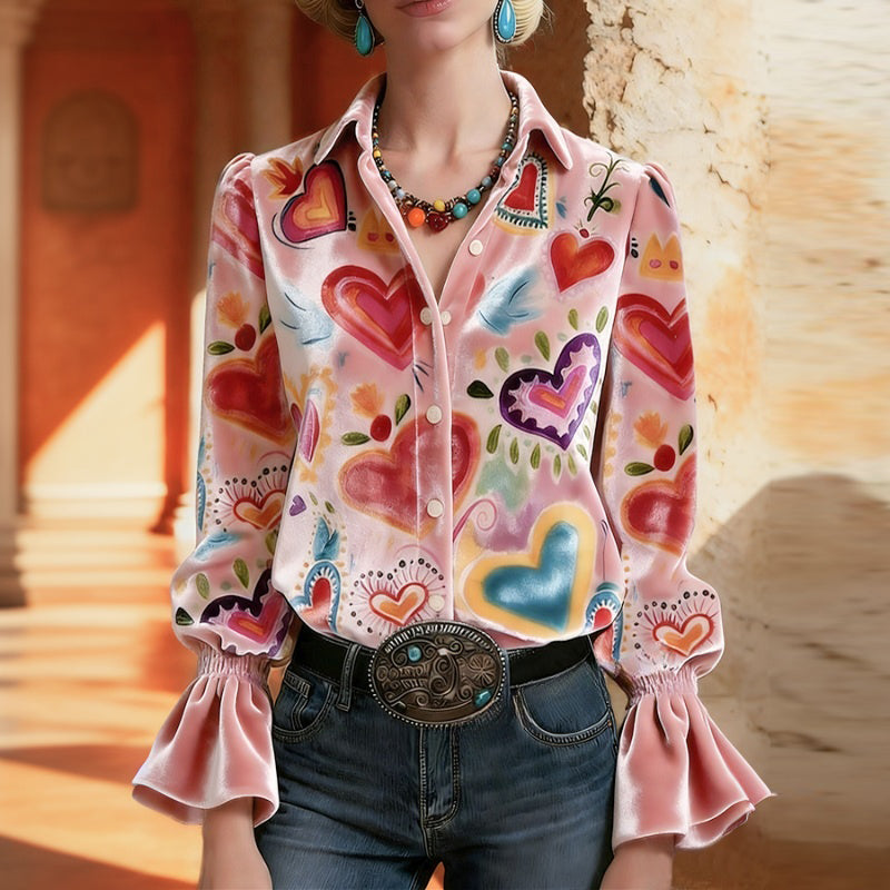 Vionelle | Women's Retro Heart Print Button Blouse