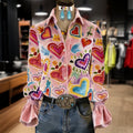 Vionelle | Women's Retro Heart Print Button Blouse
