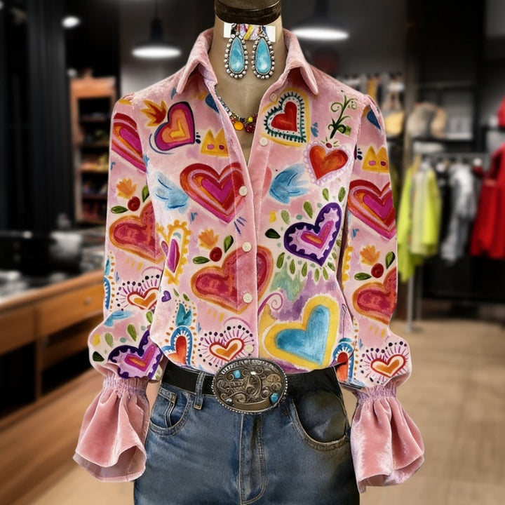 Vionelle | Women's Retro Heart Print Button Blouse