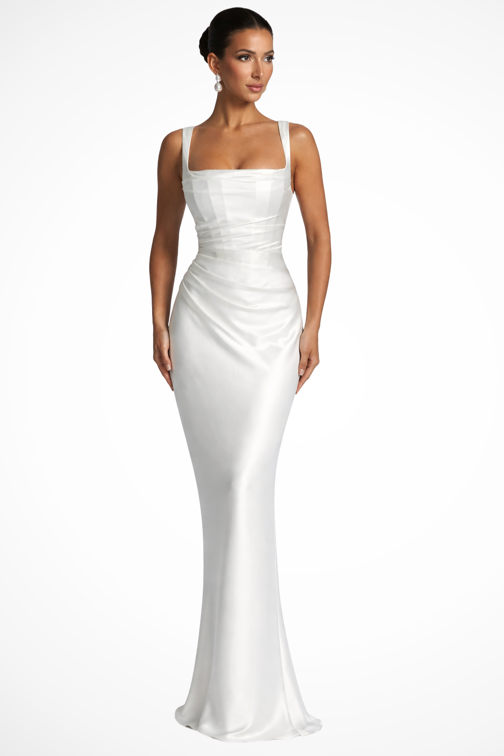 Kestria | Women's Square Neck Ruched Satin Maxi Dress