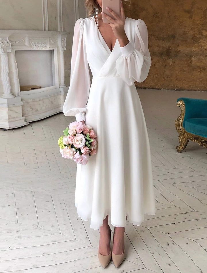 Thyxia | Women's V-Neck Puff Sleeve Flowing Midi Wedding Dress