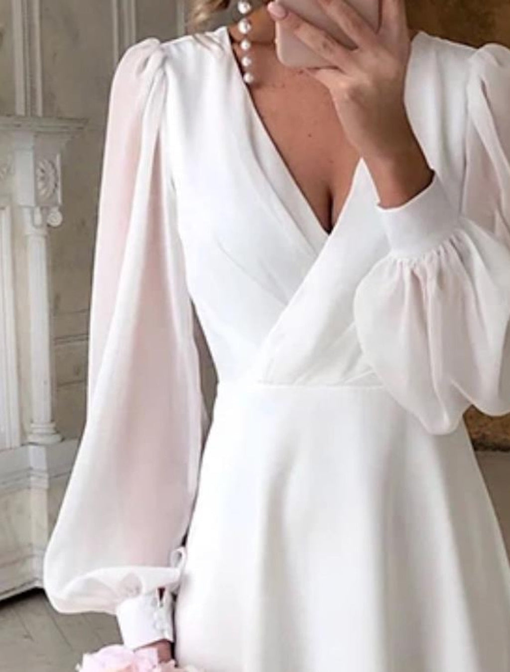 Thyxia | Women's V-Neck Puff Sleeve Flowing Midi Wedding Dress