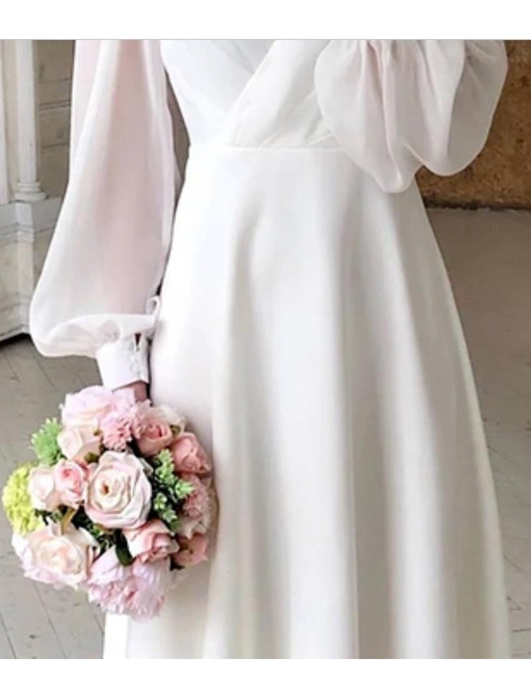 Thyxia | Women's V-Neck Puff Sleeve Flowing Midi Wedding Dress