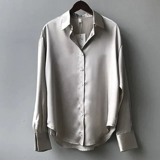 Morwenna | Women's Chic Long Sleeve Button Down Satin Blouse