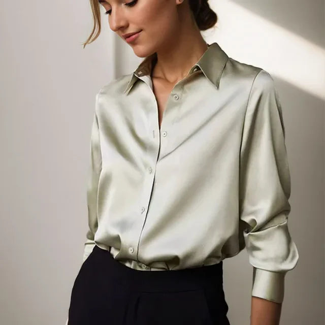 Morwenna | Women's Chic Long Sleeve Button Down Satin Blouse