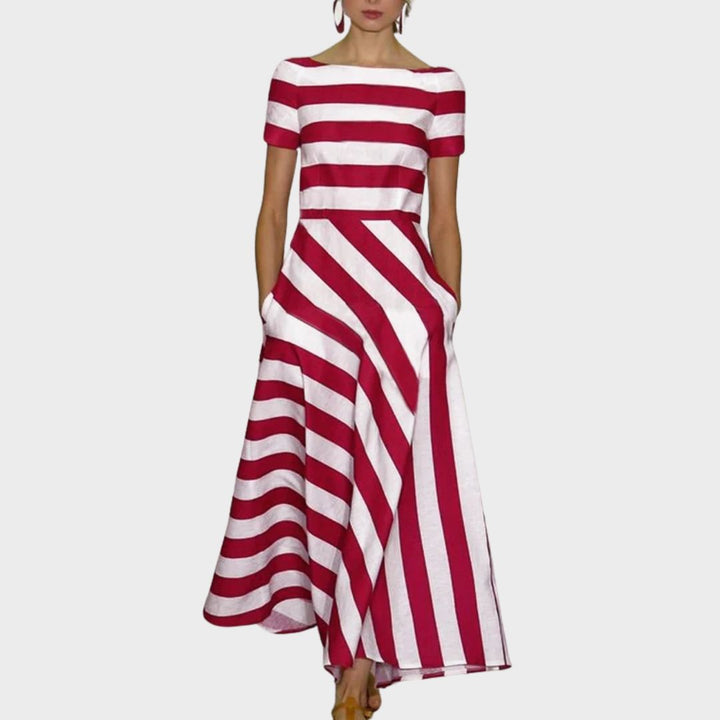 Orphielle | Women's Striped Short Sleeve Asymmetric Maxi Dress
