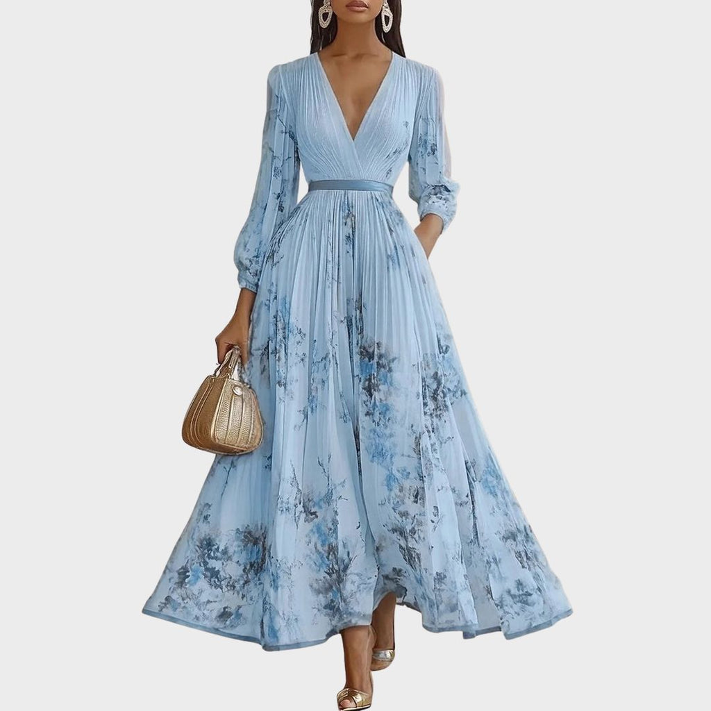 Sireya | Women's Pleated Floral V-Neck Maxi Dress