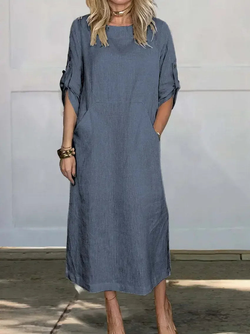 Lilavati | Women's Casual Roll-Tab Sleeve Pocket Midi Dress