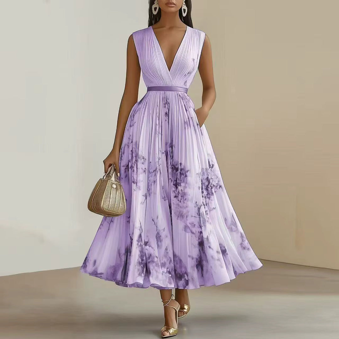 Sireya | Women's Pleated Floral V-Neck Maxi Dress