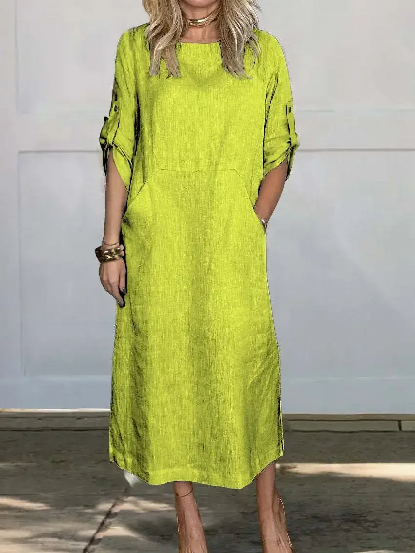 Lilavati | Women's Casual Roll-Tab Sleeve Pocket Midi Dress
