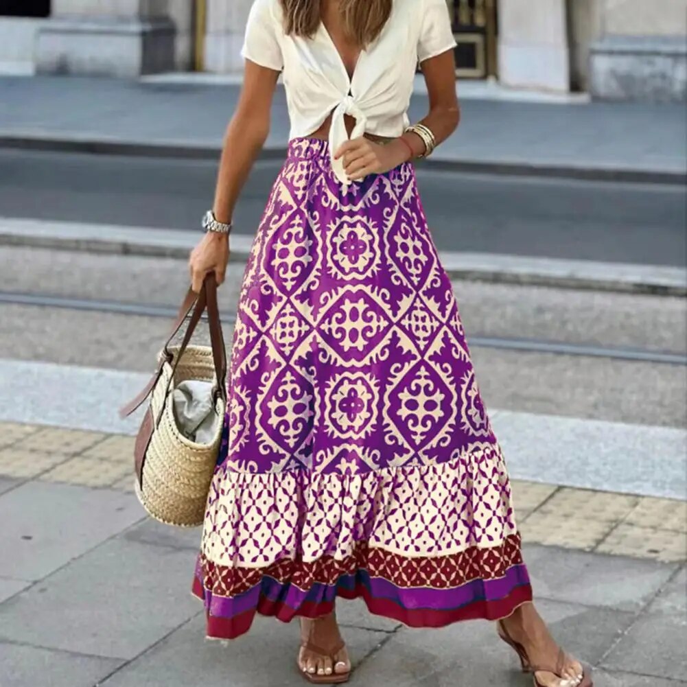 Quindara | Women's Boho Geometric-Print Tiered Maxi Skirt