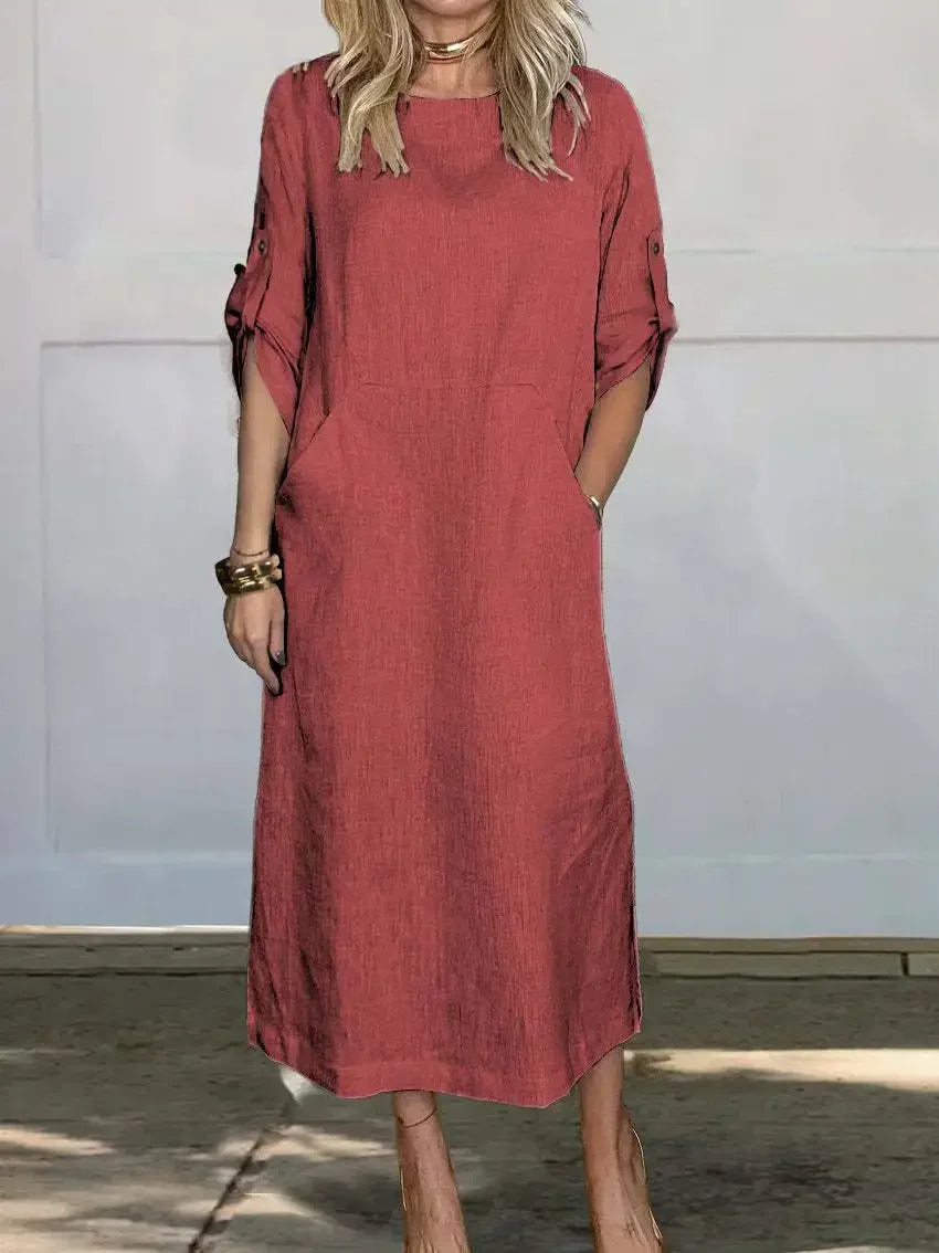 Lilavati | Women's Casual Roll-Tab Sleeve Pocket Midi Dress