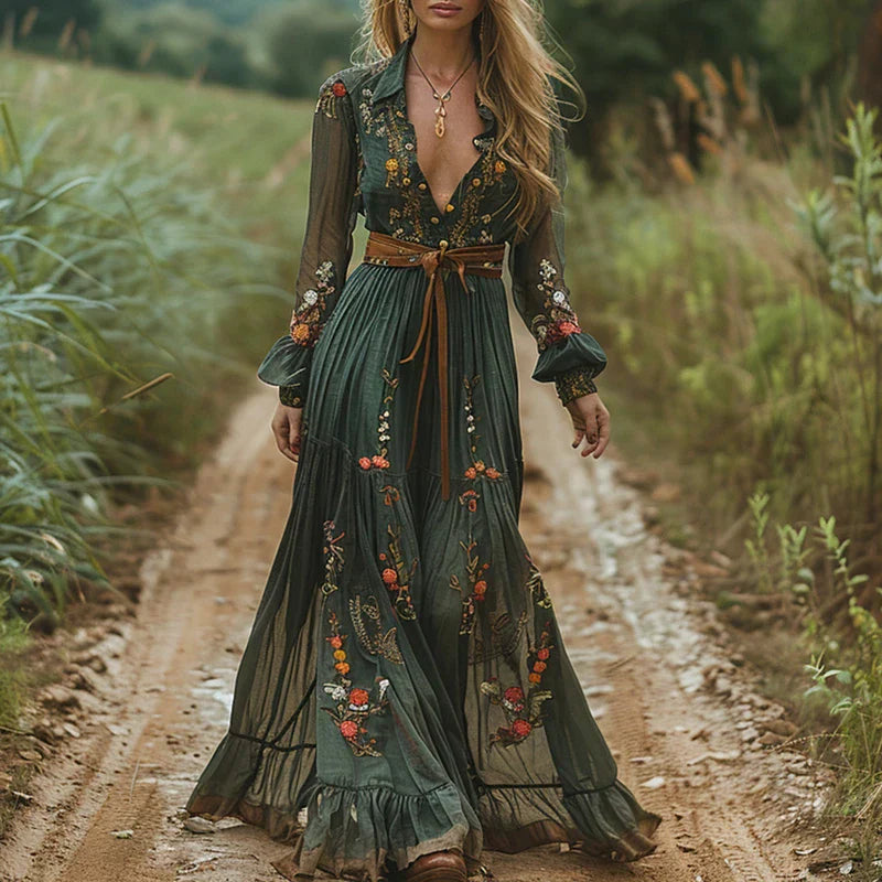 Avenyx | Women's Boho Floral Long Sleeve Maxi Dress