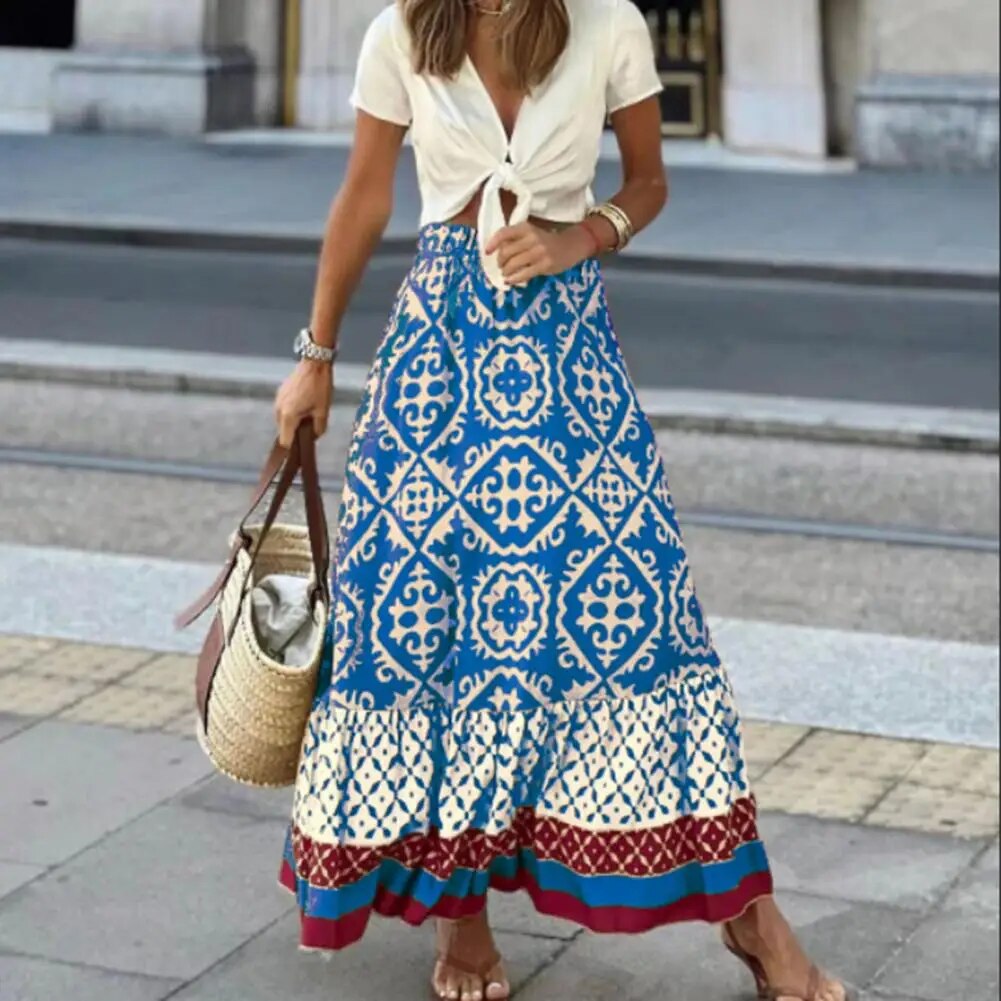 Quindara | Women's Boho Geometric-Print Tiered Maxi Skirt