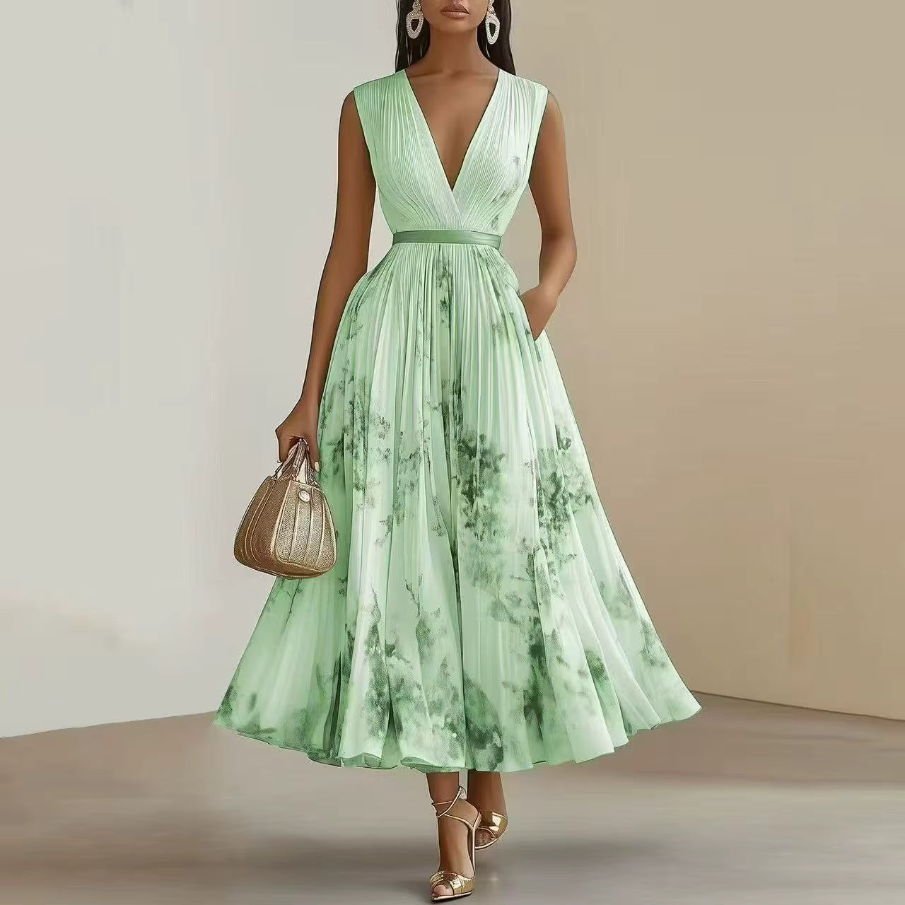 Sireya | Women's Pleated Floral V-Neck Maxi Dress