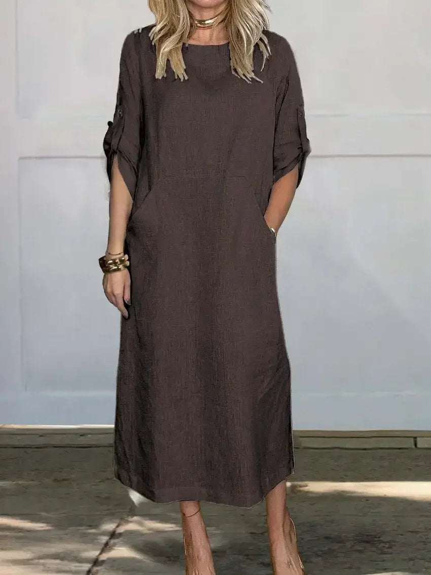 Lilavati | Women's Casual Roll-Tab Sleeve Pocket Midi Dress