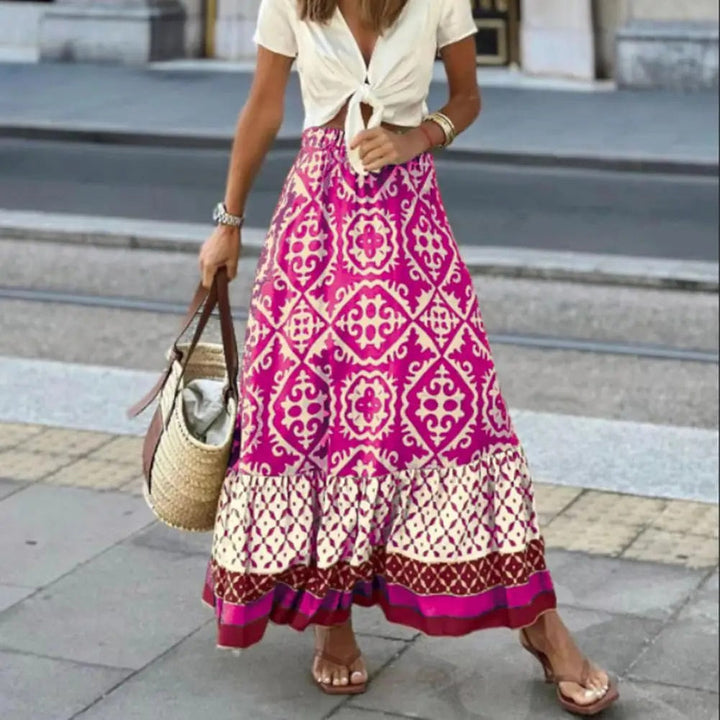 Quindara | Women's Boho Geometric-Print Tiered Maxi Skirt