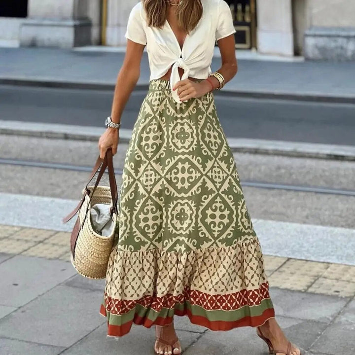 Quindara | Women's Boho Geometric-Print Tiered Maxi Skirt