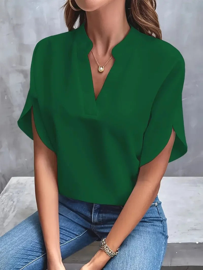 Lucienne | Women's Flowy V-Neck Short Sleeve Blouse
