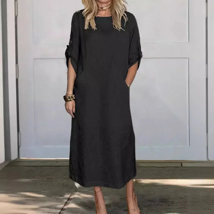 Lilavati | Women's Casual Roll-Tab Sleeve Pocket Midi Dress