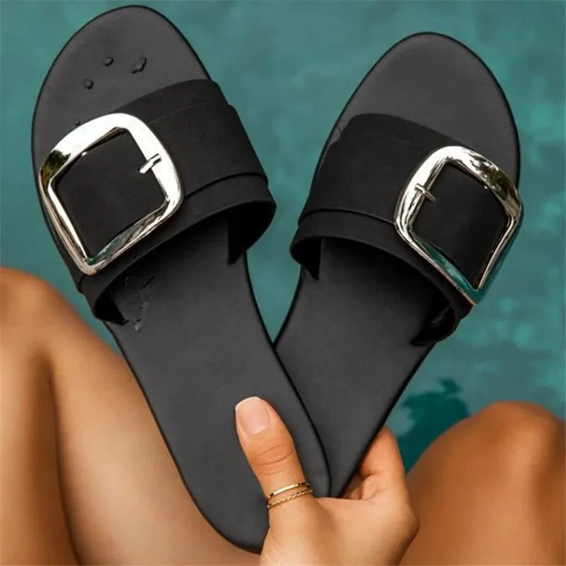 Sunniva | Women's Buckle Flat Slide Sandals