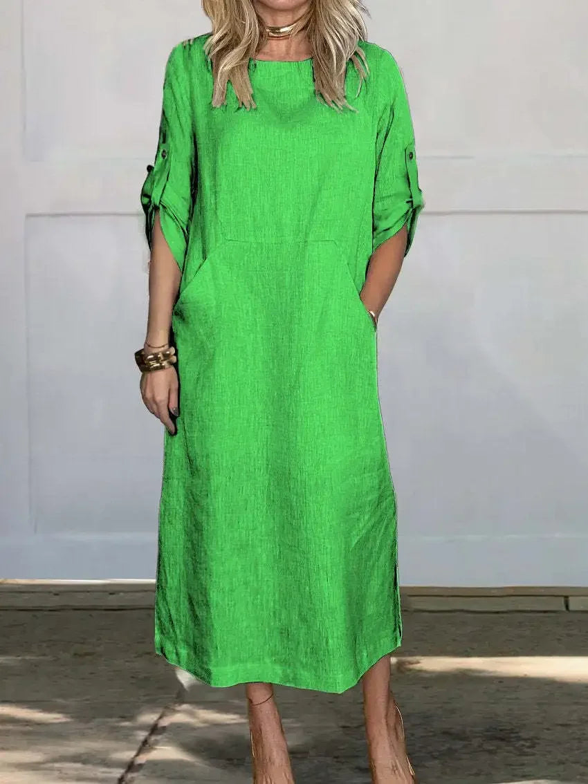 Lilavati | Women's Casual Roll-Tab Sleeve Pocket Midi Dress