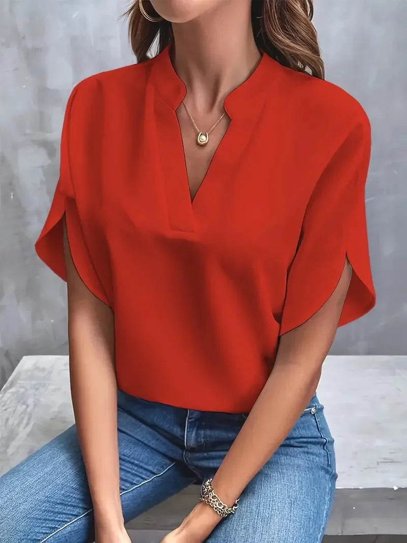 Lucienne | Women's Flowy V-Neck Short Sleeve Blouse