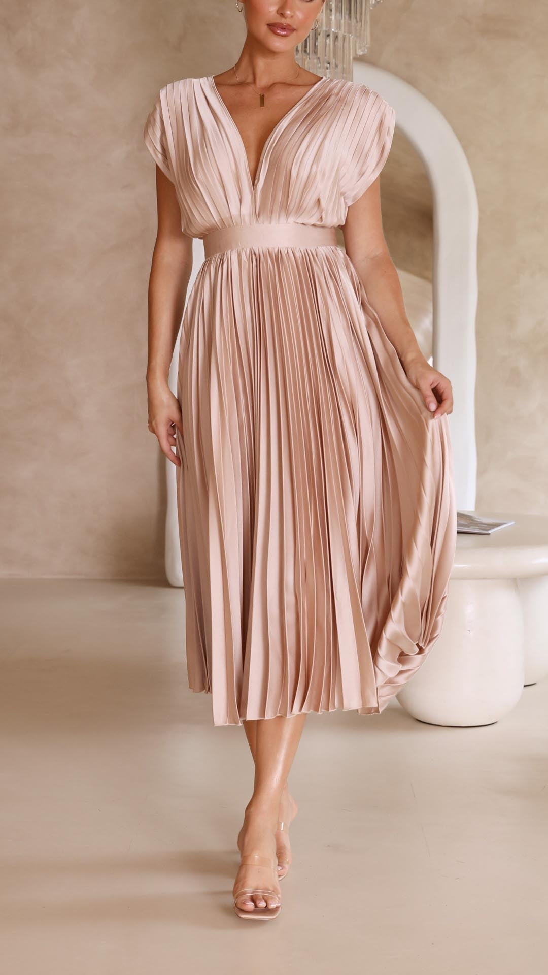 Venetia | Women's Elegant Pleated Midi Wedding Guest Dress
