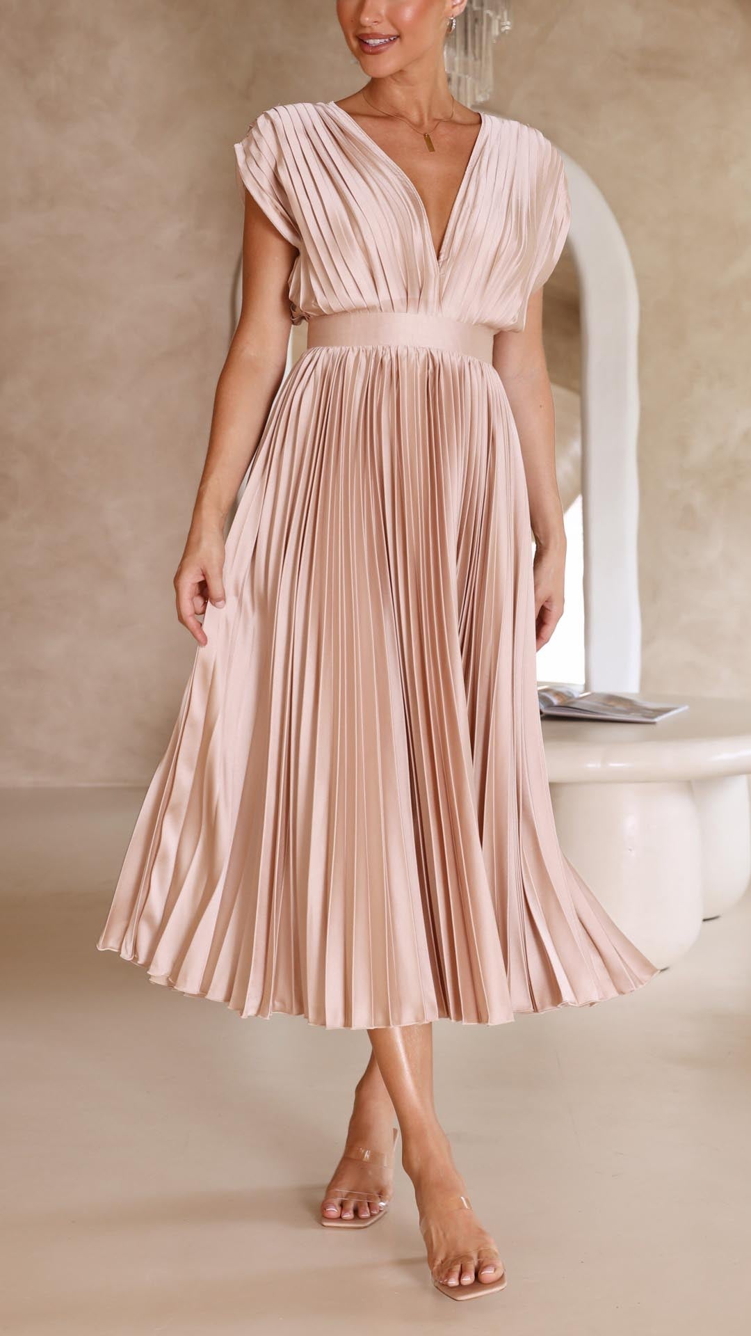 Venetia | Women's Elegant Pleated Midi Wedding Guest Dress