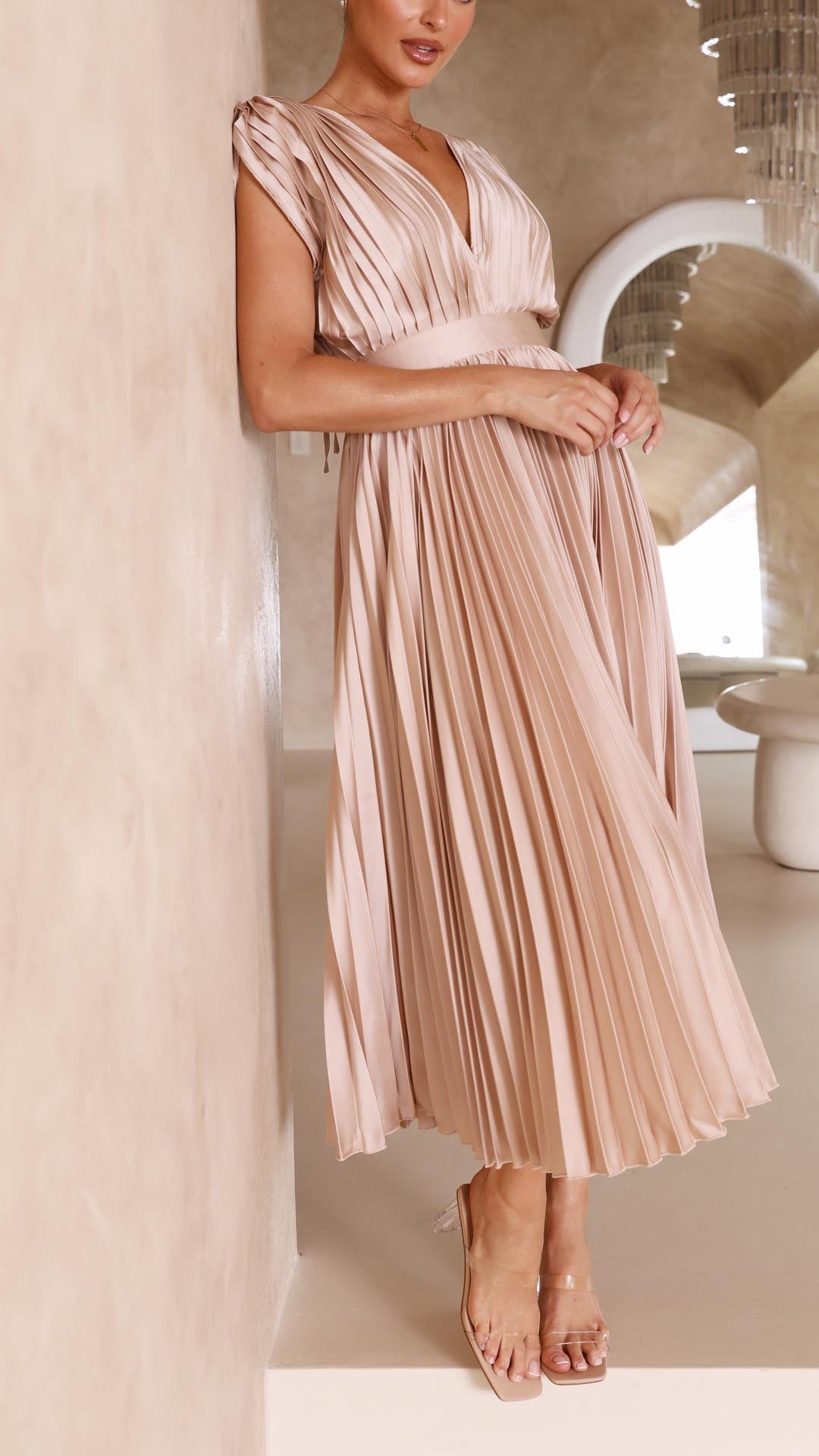 Venetia | Women's Elegant Pleated Midi Wedding Guest Dress