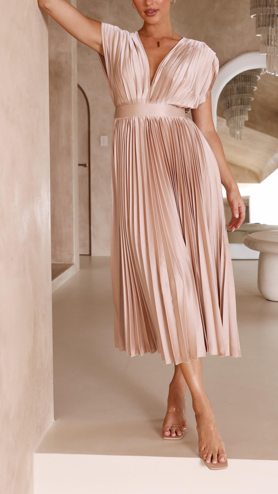Venetia | Women's Elegant Pleated Midi Wedding Guest Dress