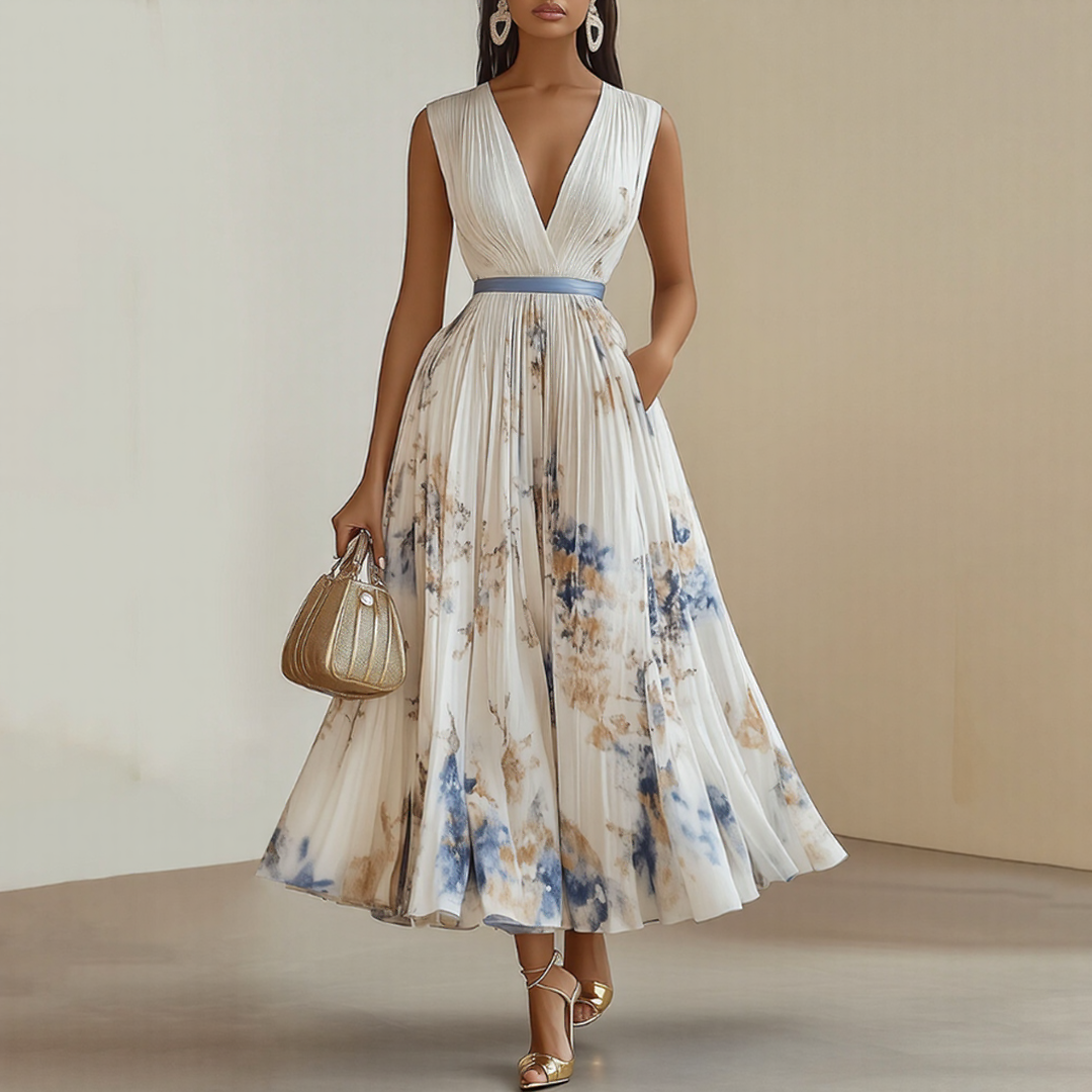 Sireya | Women's Pleated Floral V-Neck Maxi Dress