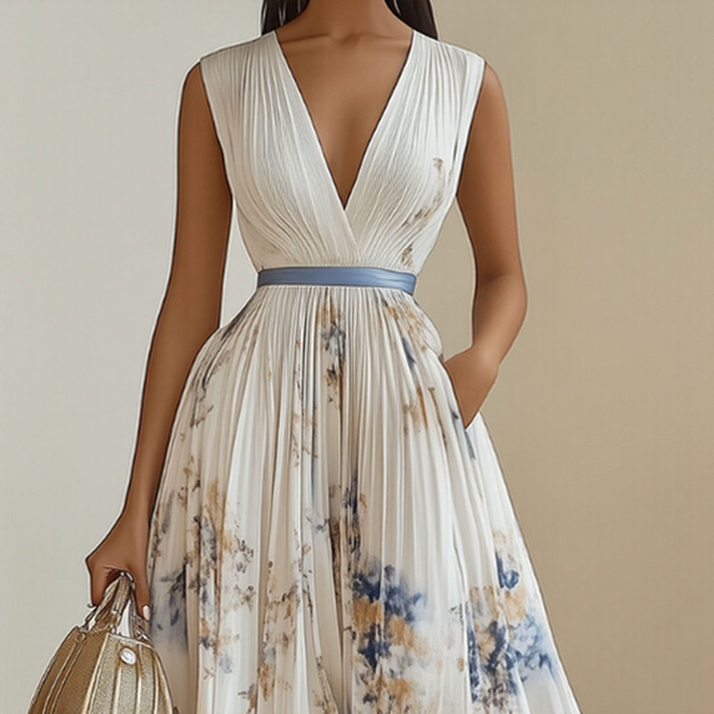 Sireya | Women's Pleated Floral V-Neck Maxi Dress
