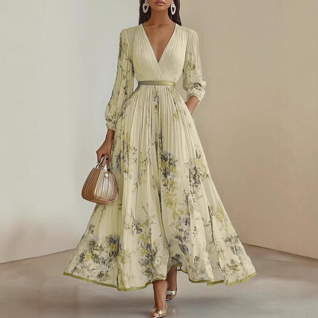 Sireya | Women's Pleated Floral V-Neck Maxi Dress